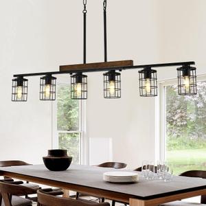 47.2" Farmhouse Kitchen Light Fixture, Black Hanging Kitchen Chandelier, 6-Light Rustic Dining Room Light Adjustable Height with Wood and Metal Frame, Suit for Farmhouse, Industrial Style