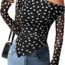 PRETTYGARDEN Womens Fall Trendy Off Shoulder Y2k Tops 2025 Tie Dye Mesh Long Sleeve Shirts Asymmetrical Ruched Floral Blouse (Large, Small Dot Black)