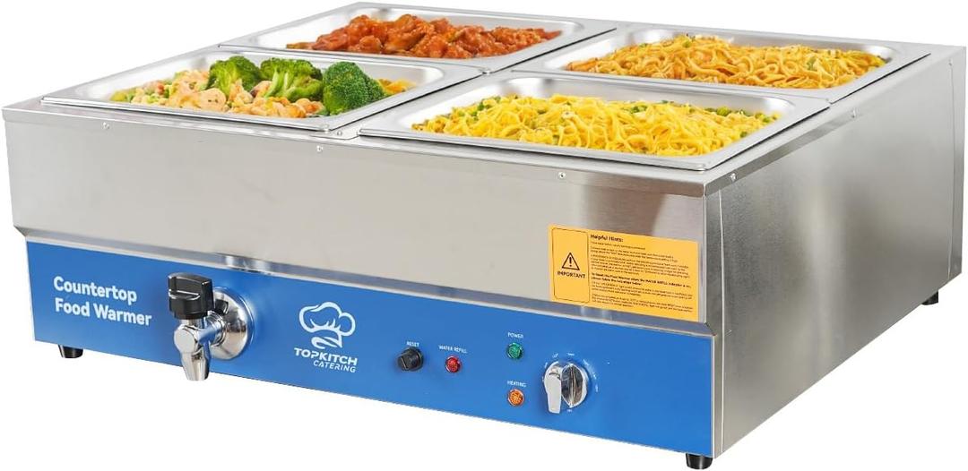 TOPKITCH ETL Listed 4 Pan Commercial Food Warmer,Electric Countertop Bain Marie Stainless Steel Buffet Steam Table for Catering and Restaurants(4×1/2 GN Pan,120V/1700 Watts