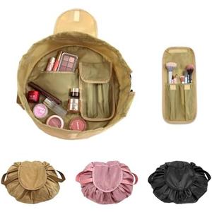 SUMBABO Drawstring Cosmetic Bag for Women – Barrel Drawstring Toiletry Cinch Makeup Bag for Travel with Brush Area (Khaki)