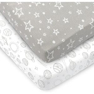 2-Pack Mini Crib Sheets, Fitted GOTS Certified Organic Cotton Pack N Play Sheets for Pack and Play Mattresses, Playard Baby Crib Sheets, Jersey Mini Crib Sheets in Neutral Colors for Boys and Girls (Galaxy)