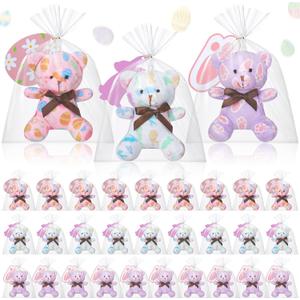 Poen 27 Pack Easter Stuffed Animals Bears with Cards Set Bulk Pastel Bunny Plush Easter Party Favors Baskets Filler Stuffers Classroom Exchange Prize Gift for Egg Hunt Party Favors (White Purple)