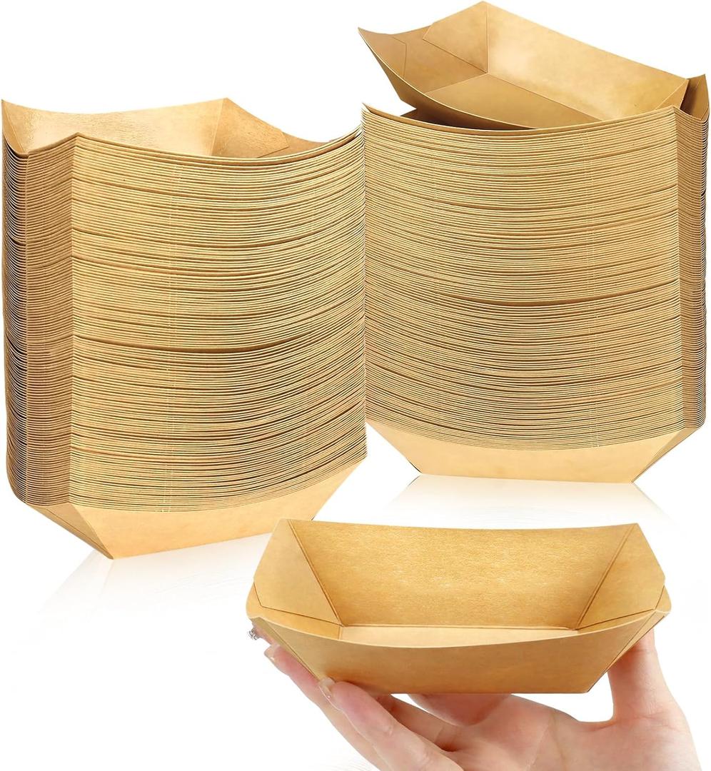 Oomcu 150 Pack 1/2 lb Disposable Kraft Brown Paper Food Boats Hot Dog Trays Bulk -Small Recyclable Serving Boats for Party Snacks, French Fries,Nachos, Tacos, BBQ,Take Out Food,Mini Pancakes Supplies