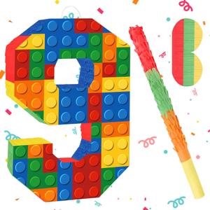 Number 9 Pinata Building Blocks 9th Birthday Party Decorations with Pinata Stick Blindfold for Kids Happy Birthday Building Block Theme Party Supplies for Boys Girls (16 x 10.6 x 3 In)