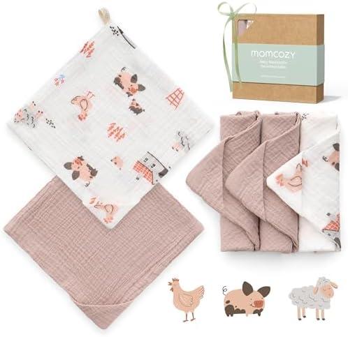 Momcozy Soft & Absorbent Baby Washcloths - 4 Layer Design| Medium Thickness| Premium Cotton for Newborns' Skin-Great for Bathing, Wiping & on-The-go Use, Shower Gift and Essential(5 Pack, 10x10 inch)