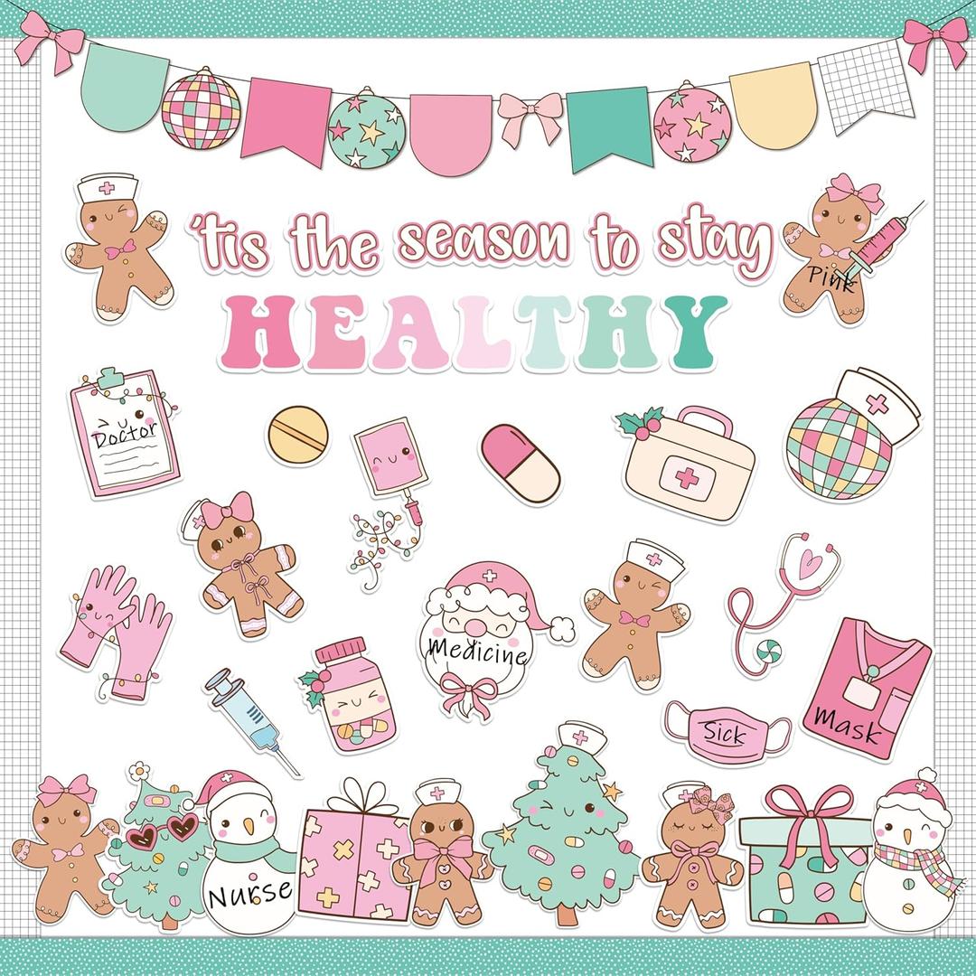 139Pcs Christmas Health Bulletin Board Decoration Set, Cute Gingerbread Man Nurse Paper Cutouts Cookie Name Tags Border Trims, Christmas Party Nursing School Classroom Supplies Wall Door Decor