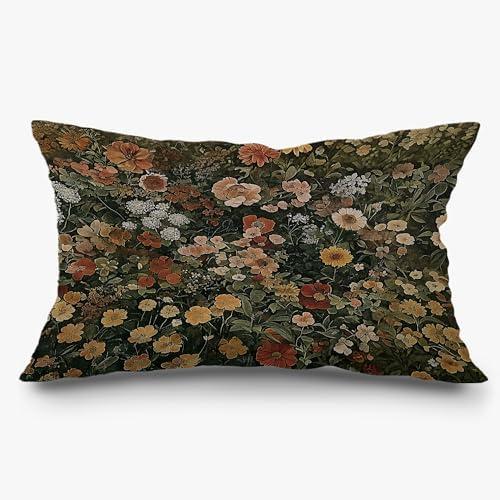 Exqcom Vintage Dark Floral Pillow Covers 12x20, Dark Cottagecore Room Decor, Boho Wildflower Flower Botanical Antique Nature Lumbar Pillow Covers for Home Living Room Bedroom