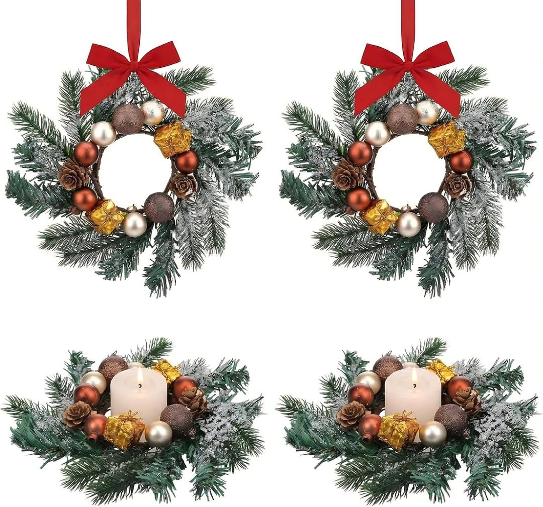 Brown 4 Pcs 9" Mini Christmas Wreaths for Kitchen Cabinet Small Christmas Table Centerpieces Mini Candle Ring Hanging Garland Wreaths for Xmas Front Door Kitchen Cabinet Window Table Decor