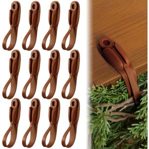12 Pcs Christmas Garland Hanger for Mantle No Drill Garland Hangers Hooks Wreath Ties Fireplace Stocking Holder Stretchable Silicone Adhesive Straps for Door Frame Stairways (Brown)