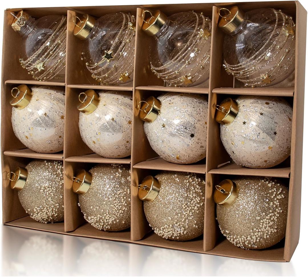 12PCS Champagne Gold Glitter Christmas Tree Ornaments 3.15 Shatterproof Baubles with Clear Sparkly Sequin & Star Accents, Holiday Ball Decorations for Xmas Tree, Party & Home Decor 