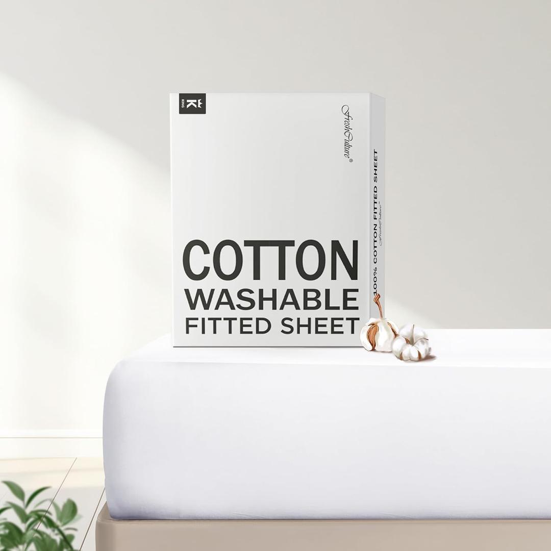 FreshCulture Pure Cotton Fitted Sheets King Size, 300 Thread Count Percale Sheets for King Size Bed, Soft & Breathable Cotton Sheets, Luxury King Size Fitted Sheets Only (White)