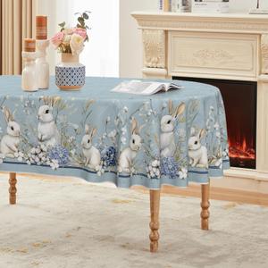 Horaldaily Easter Tablecloth 60x84 Inch Oval, Blue Easter Bunny Flowers Washable Seasonal Table Cover for Party Picnic Dinner Decor