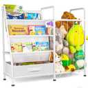 Kids Bookshelf & Stuffed Animal Storage  Large White 3-Tier Book Display Rack with Sling Shelves & Fabric Toy Chest | Toy Organizer for Playrooms, Bedrooms, Nurseries