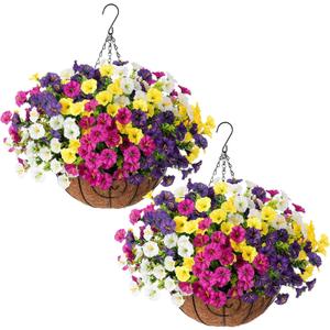 2 Set Artificial Fake Hanging Flowers Plants Baskets for Outdoors Spring Outside Decor , UV Resistant 24 Pcs Faux Silk Morning Glory with 2 Outdoor Hanging Planters Look Real for Porch Patio Balcony