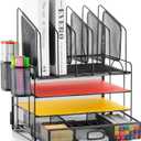 Marbrasse Desk Organizer with Drawer, 4-Tier Mesh File Organizer with 5 Vertical File Holders and 2 Pen Holders, Multifunction Desktop Organizer,Desk Organizers and Accessories for Home Office (Black)