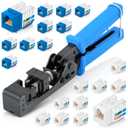 Everest easyJACK - 90 Angled Speed Termination Keystone Tool Set - with 20-Pack of RJ45 Slim Profile Cat6 Keystone Jacks (10 Blue & 10 White) - Time Saver Network Cat6 Punchdown Tool (Multicolored)