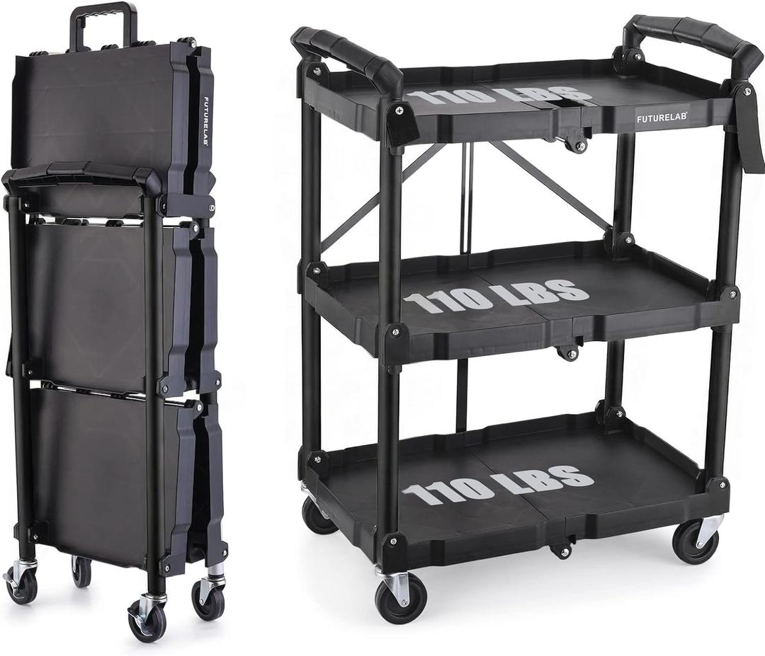 FUTURELAB Portable Folding Service Cart - 3 Tier 330LBS Capacity - Rolling Utility Foldable Cart with Wheels for Warehouse Home Workshops Garages Restaurants Offices