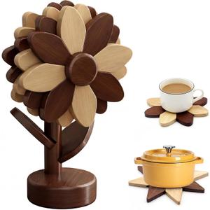 Sunflower Kitchen Decor, 5 Wooden Trivets for Hot Dishes with Tree Stand, Flower Coasters, Farmhouse Hostess Gift, Functional Sunflower Decor for Countertop & Table(Walnut & Beech Wood)