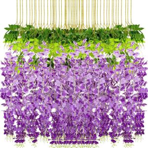 Yunsailing 108 Pack 43.2 in/ 3.6 ft Artificial Fake Wisteria Hanging Flowers Wisteria Faux Flowers Garland Silk Vine Rattan Long Hanging Flowers String for Home Outdoor Wedding Party(Dark Purple)