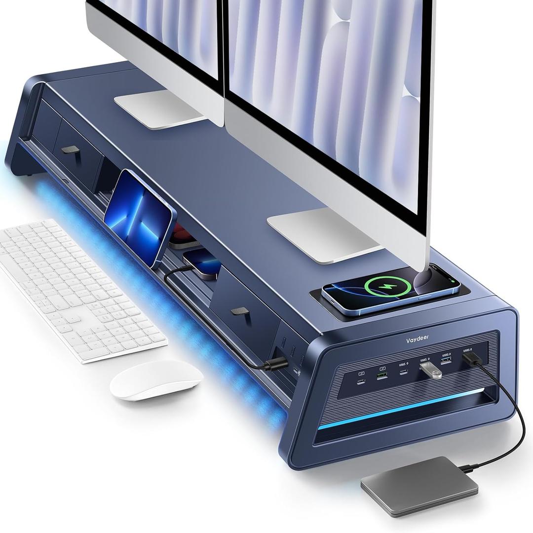 Vaydeer All-in-One Dual Monitor Stand Riser with 2 Drawers, 8USB Ports and Wireless Charging Pad with LED Light Strip for 2 Monitors , Desk Organizer for PC, iMac (Metal, 39.3 inches) (Dark Blue)