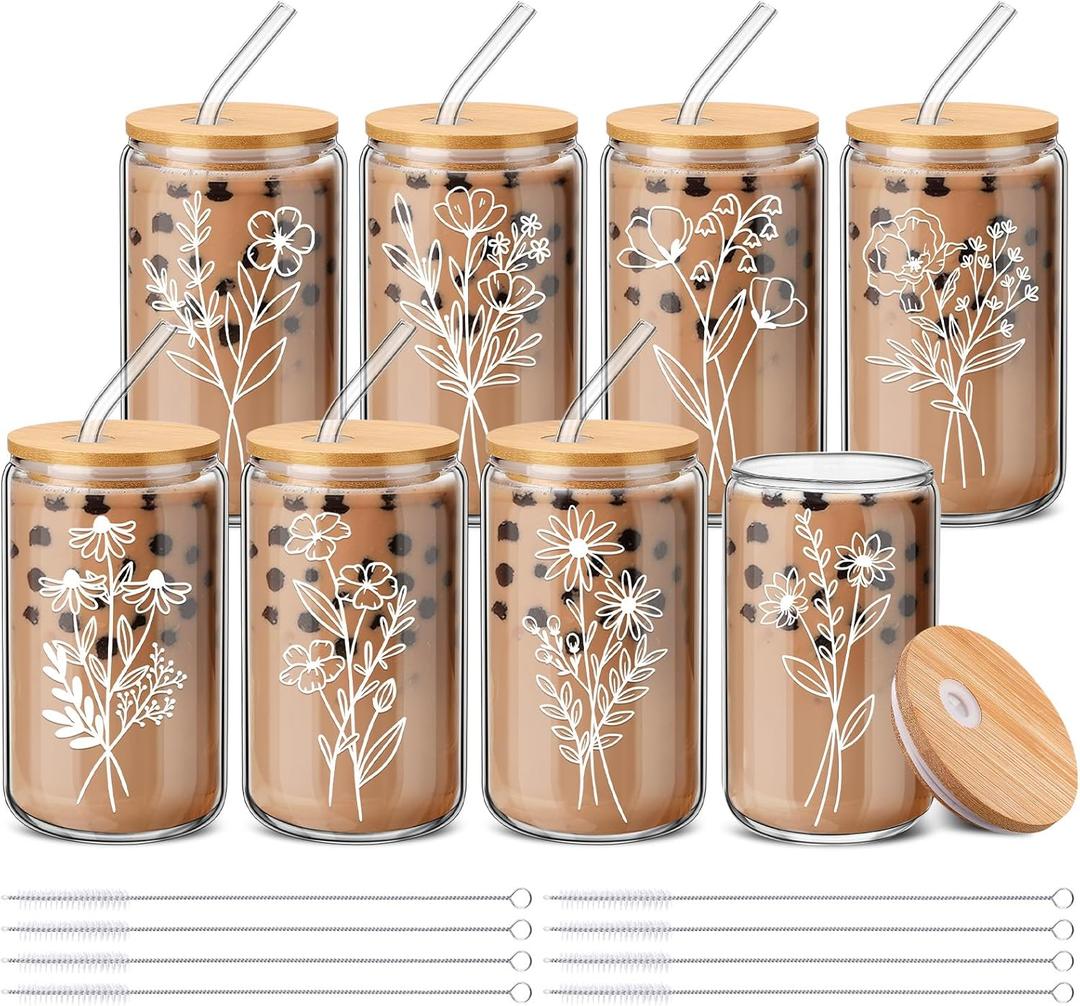 8 Pcs Spring Floral Glass Cups with Lids and Straws 16 oz Cute Flower Iced Coffee Mugs Aesthetic Boho Floral Tumbler Bulk for Women Bridesmaid Proposal International Women Day Gifts (Cute)