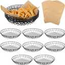 12 PCS Food Serving Wire Baskets, 9.8 x 9.8 x 1.8 Inch Wire Bread Baskets with 50 Sheets Deli Wrapper, Metal Snack Basket with Oil-Absorbing Paper for Restaurant Party