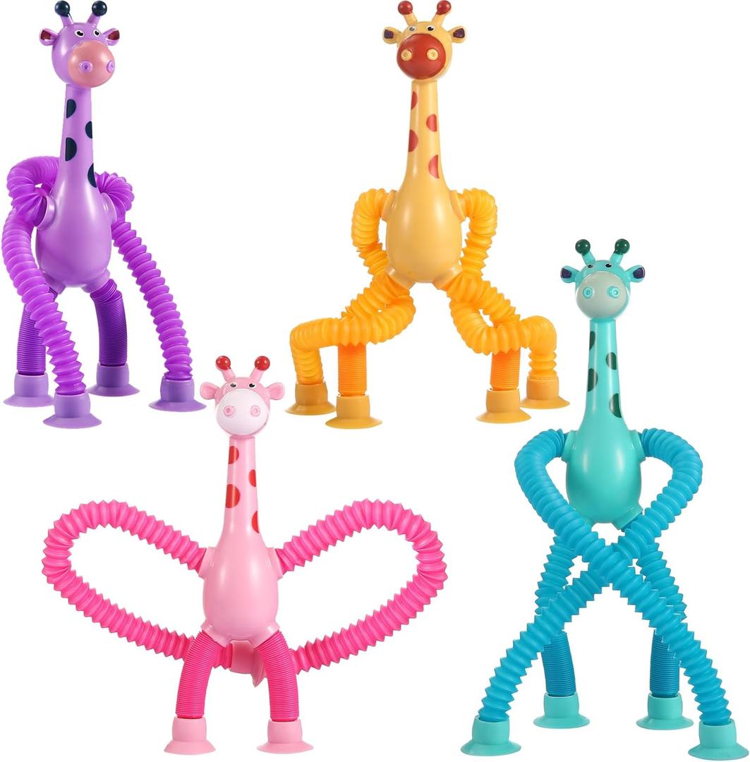 XONTEUS 4Pcs Giraffe Pop Tube Sensory Toys, Telescopic Suction Fidget Toys for Autism, Toddler Travel & Airplane Activities, Valentines Day Gifts for Kids Easter Basket Stuffers for Boy & Girl