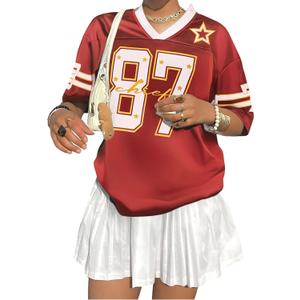 Oversized Jersey Shirts for Women Shirts Y2K Number Graphic Jerseys V Neck Cute Streetwear Tee Tops (Red, L)