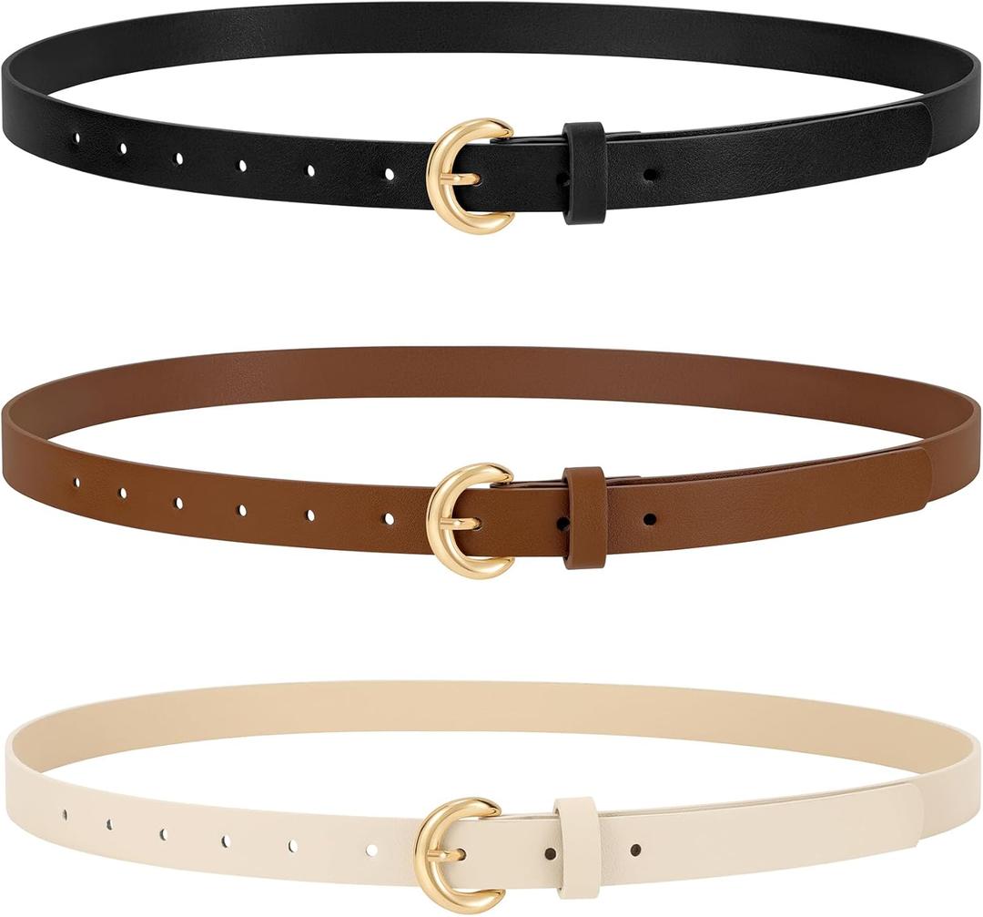 WERFORU 3 Pack Women Skinny Belt Thin Waist Belt for Women Leather Belt with Gold Buckle for Jeans Pants Dress 0.74" Width (A-black+brown+beige)