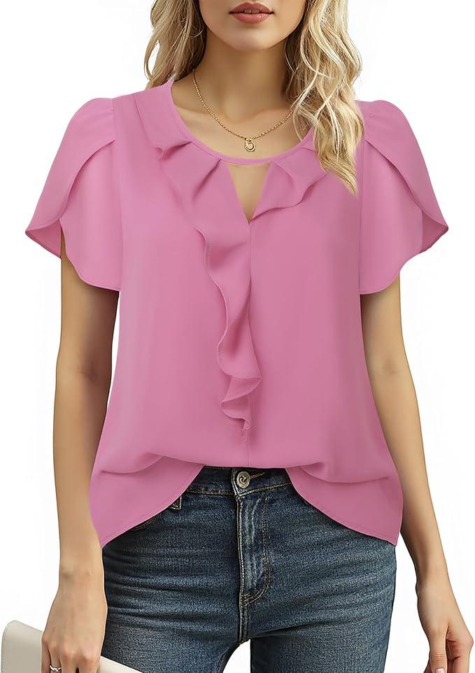 Messic Womens Shirts Dressy Casual Short Sleeve Tops Dressy Casual Blouses Summer Outfits Flowy Pleated Front V Neck M