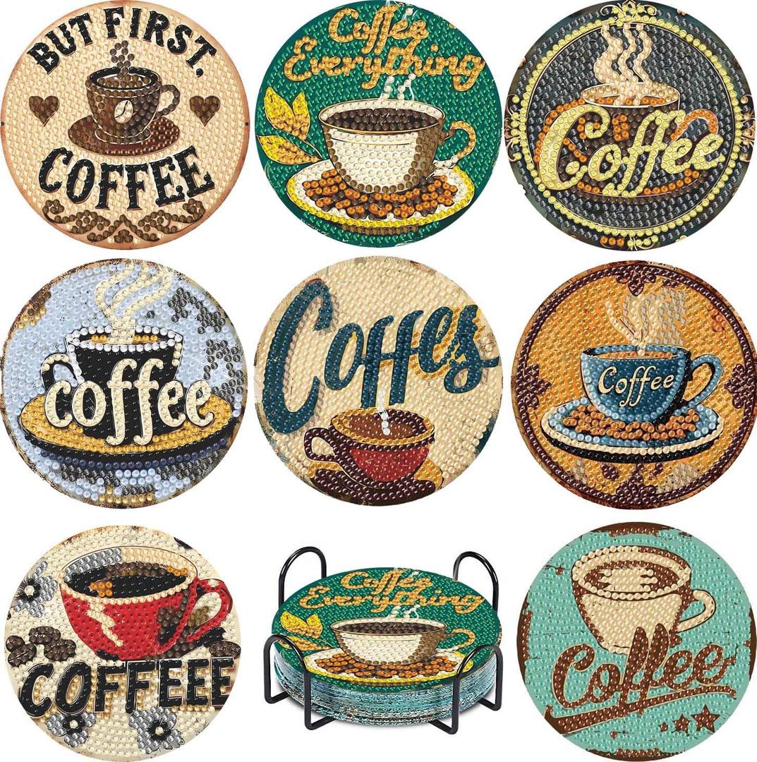 8 Pcs 5D DIY Coffee Theme Diamond Paintings Coasters with Holder for Adults Beginners, Round Full Drill Diamond Art Craft Supplies (QLBD-12)