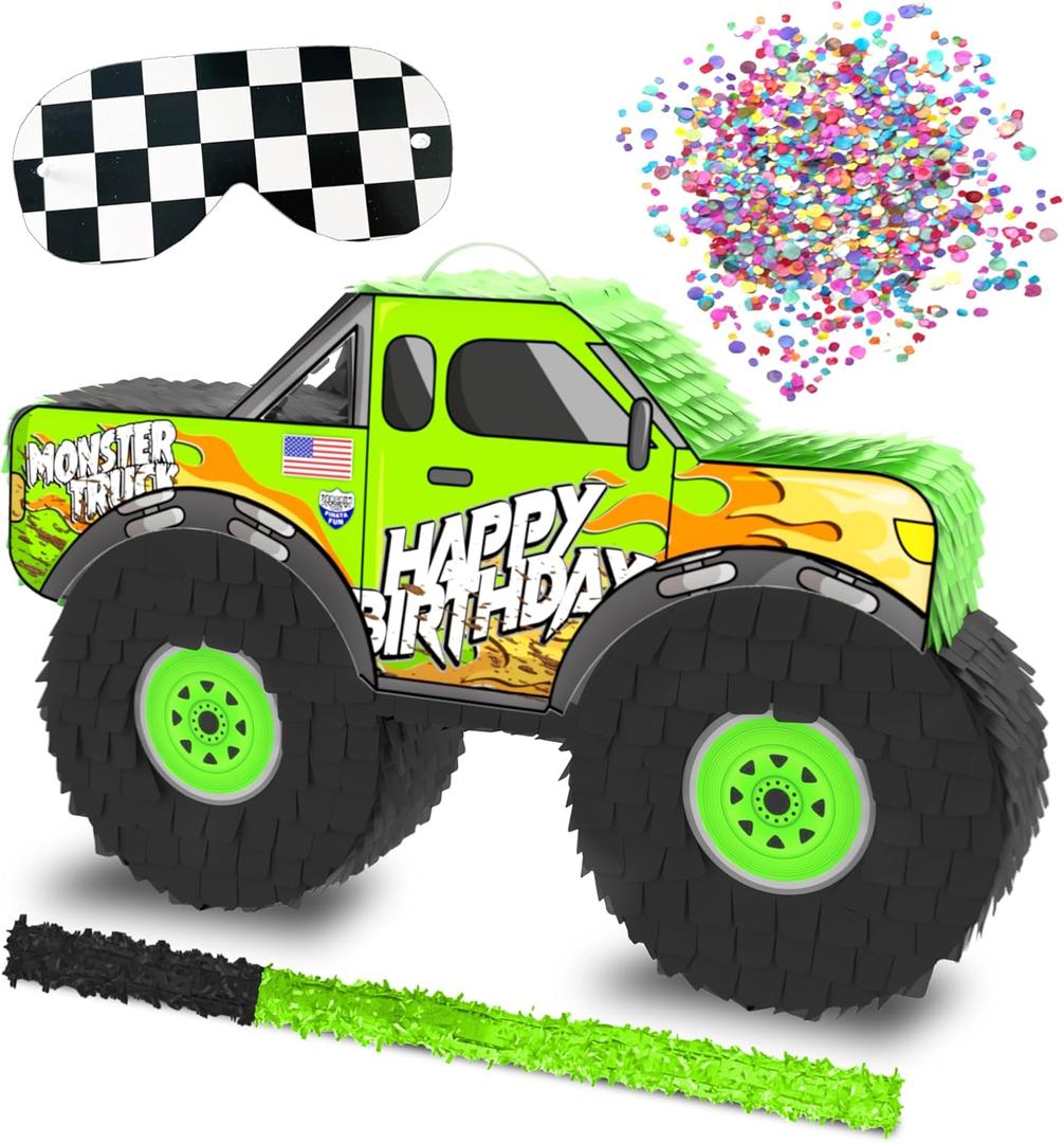 Monster Truck Piata, 4 Piece Set, perfect for Kids Birthday Parties, Race Car Party Supplies fits piata candy and party favors (16X10) Durable! (Green Monster Truck)