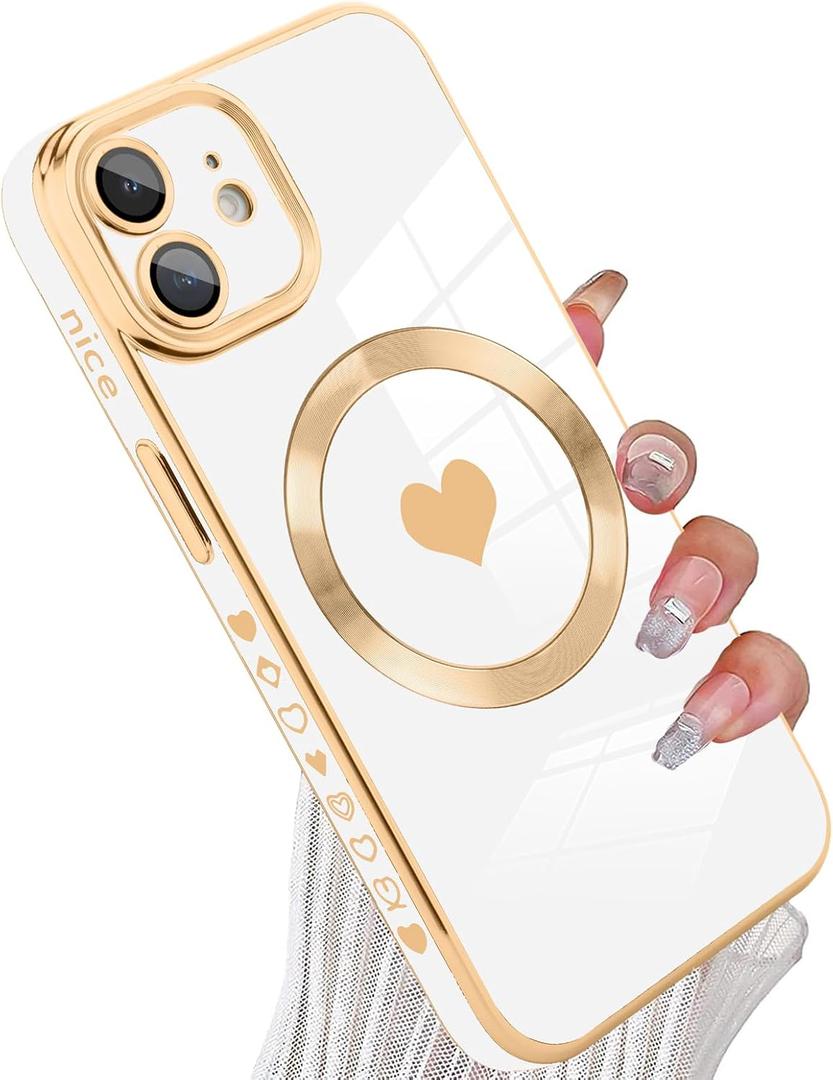 Magnetic for iPhone 11 Case [Compatible with Magsafe] Cute Love Luxury Plating Edge Bumper with Full Camera Lens for iPhone 11 Phone Case, White (6.1")