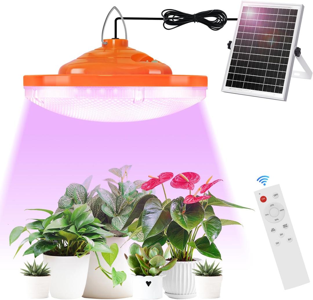 96 LED Solar Grow Lights Battery Powered, Full Spectrum Hanging Grow Light for Indoor Outdoor Plants with Timer, Solar Plant Lamp for Greenhouse with Remote Control, 2 Charging Way, 16.6FT Cord