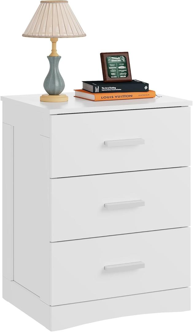 WLIVE White Night Stand with 3 Drawers, Small Nightstand with Storage, Wooden Bedside Table Modern End Table for Bedroom, Living Room, Office, 12.9" D x 16" W x 21.6" H