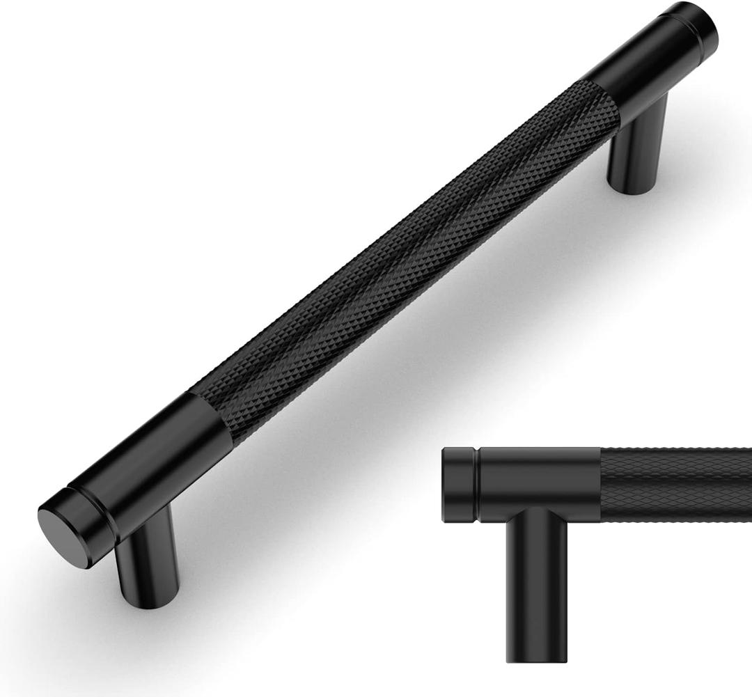 Amerdeco 10 Pack Matte Black Knurled Cabinet Pulls 5 Inch Center to Center Kitchen Cabinet Handles for Drawer Dresser, Cupboard and Wardrobe ZH0031 (5"/128MM Hole Center)