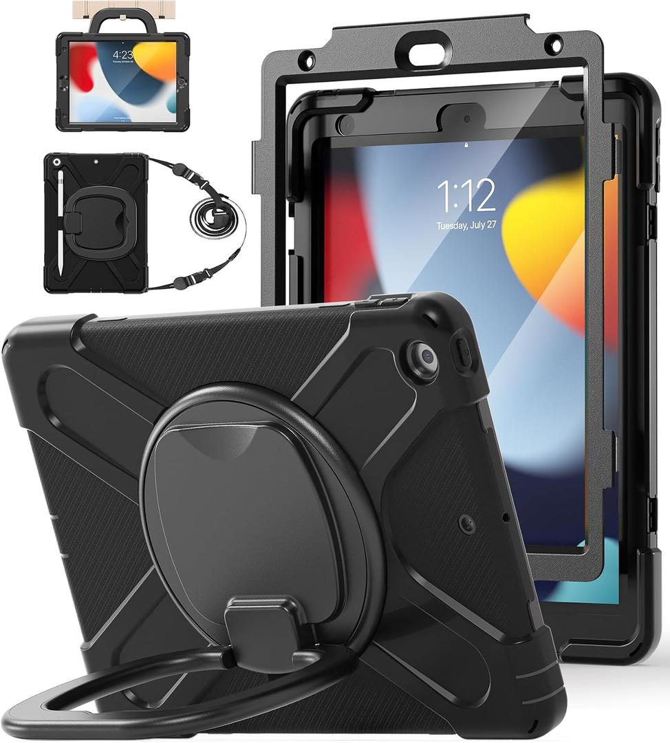 BATYUE for iPad 9th/ 8th/ 7th Generation Case (iPad 10.2 inch Rugged Case 2021/2020/2019) with Screen Protector, Rotating Stand/Pencil Holder/Carrying Shoulder Strap (Black)