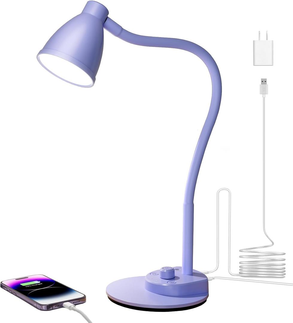 BOHON LED Desk Lamp with USB Charging Port, 3 Color Modes Fully Dimmable Reading Lamp, Auto Dimming Task Lamp, Flexible Gooseneck Table Light for Office Dorm Bedside, Adapter Include, Lilac Purple