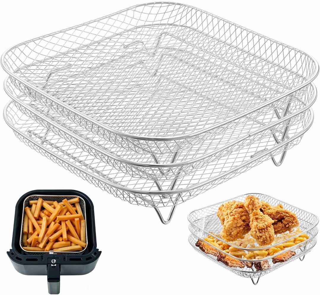 3 Pcs 8 Inch Square Air Fryer Rack, Stackable Stainless Steel Square Air Fryer Rack With Feet, Air Fryer Cooking Rack Square For For Cosori, Instant Vortex, Nuwave Airfryer, Ninja Foodi Grill
