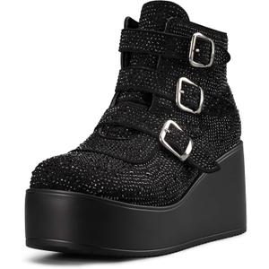 LUCKY STEP Women Platform Chunky Ankle Boots - Round Toe Zipper Wedges High Heels Rave Buckle Thick Sole Goth Booties (7, Black Rhinestone)