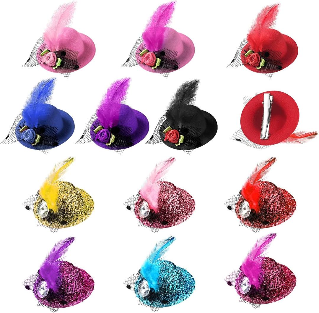 MTLEE 12 Pcs Mini Tea Party Hats Dress up Hair Fascinator Clip on Tiny Hat with Flower Feather Bow for Women Costume Accessory, 2.75 Inch