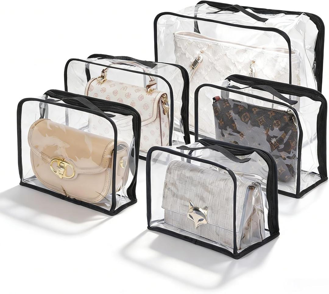5 Pack Clear Dust Bags for Handbags, 5-Sizes Hanging Purse Storage Organizer, Purse Protector Dust Cover Bag with Zipper and Handle for Closet Organization