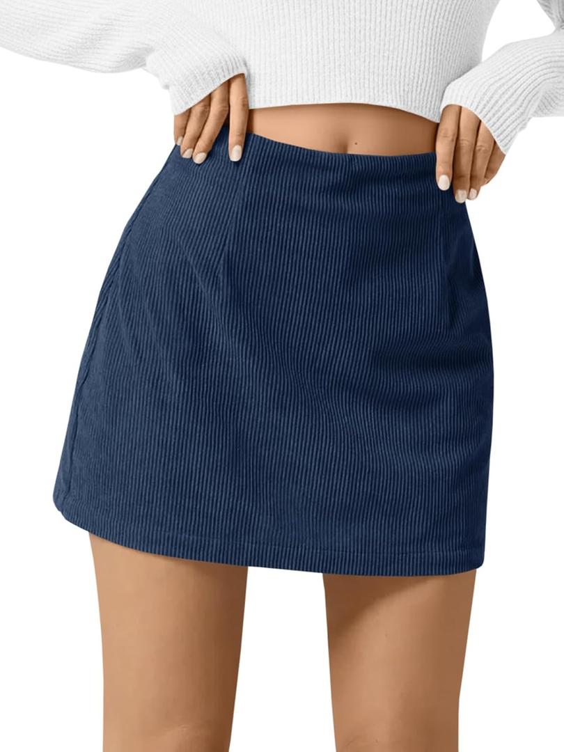 Wenrine Womens Corduroy Mini Skirt High Waisted Basic Casual A-line Short Skirts (Medium)