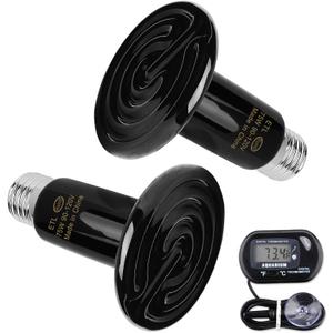 OMAYKEY 2-Pack 75W Ceramic Heat Lamp with 1-pcs Digital-Thermometer, Infrared Heat Emitter Bulbs for Reptiles, Amphibians, Chicken Brooder Coop Lizard Turtle Snake Aquarium, No Light No Harm