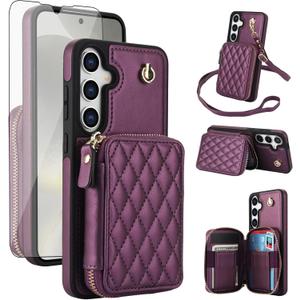 Phone Case for Samsung Galaxy S25 5G Wallet Cell Cover with Tempered Glass Screen Protector Wrist Crossbody Strap RFID Blocking Credit Card Holder Slot S 25 25S 25 25S SM-S931U Women Girls Dark Purple