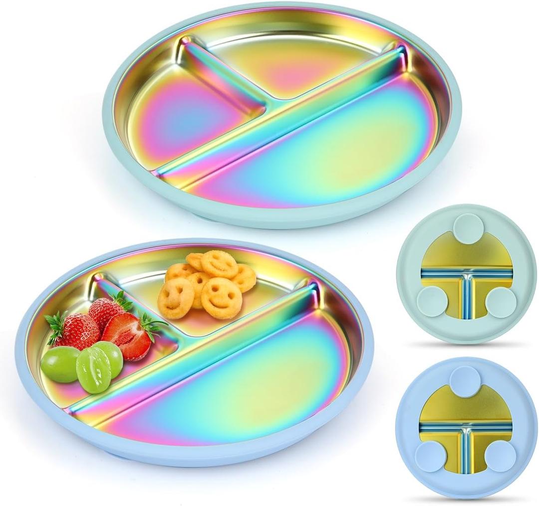 AIEVE Stainless Steel Kids Dinnerware Plates with Suction,2 Pack Round Divided Toddler Plates 9 inch with Removable Silicone Suction