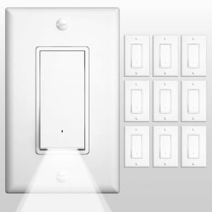 Amico 10-Pack Illuminated Light Switch with Wall Plates & Built-in LED Nightlight, UL Listed, 6000K Nightlight for Hallway, Bedroom, Bathroom, Residential Use, 15A 120/277V, White