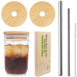 Mason Jar Lids With Straw - Reusable Bamboo Wide Mouth Tumbler Tops, 2 Packs With 2 Stainless Steel Straws