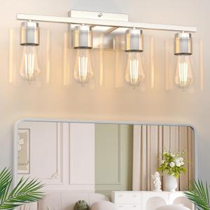 Honesorn 4 Light Bathroom Vanity Light Fixture, Brushed Nickel With Clear Glass Shade, Modern Over Mirror, E26 Base