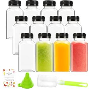 ztarraum 12pcs 8oz Plastic Juice Bottles, Reusable Juice Containers with Black Tamper Proof Lids, Brush, Funnel and Labels, Clear Water Bottles for Juicing, Smoothie and Homemade Beverages